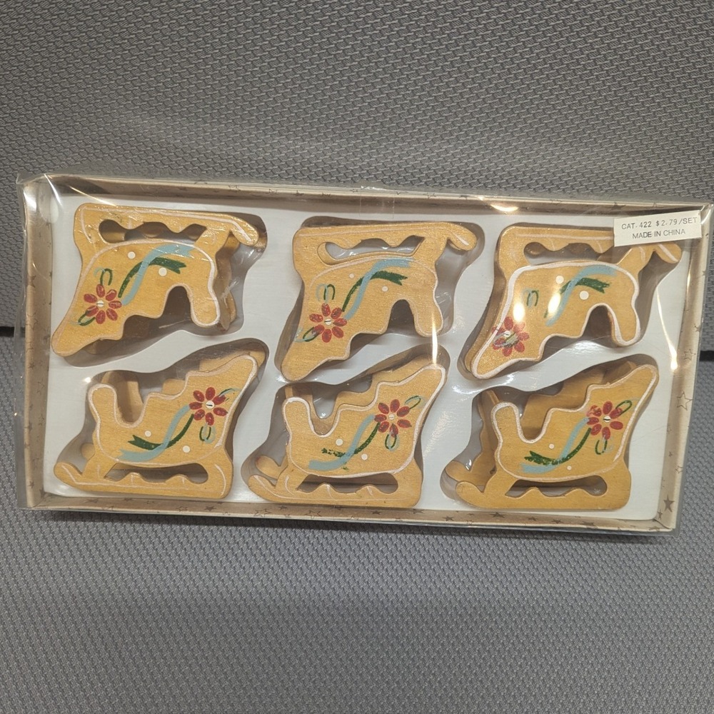 Vintage Wooden Christmas Sleigh Place Card Holders Set of 6 Hand Painted Holiday
